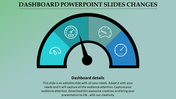 Dashboard themed slide with a semi circular gauge showing four icons for speedometers and a central needle pointer.