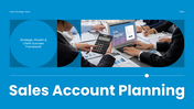 sales account planning blue slides with charts, tables, icons, shapes, and clean text holders.