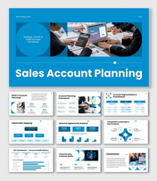 sales account planning blue slides with charts, tables, icons, shapes, and clean text holders.