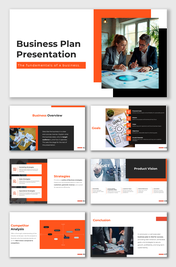 Alt: Overview of a 7-slide Business Plan deck featuring orange and black layouts for strategies, goals, and competitor analysis.