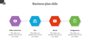 Business plan slide with four hexagons in purple, blue, red, and green, labeled with icons and text below.