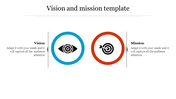 Vision and Mission PowerPoint template with icons in blue and red circles with placeholder text.