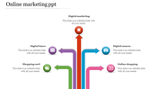 Marketing themed slide with five upward arrows in red, purple, green, blue, and pink leading to key concepts.