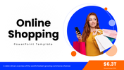 Online Shopping slide with woman, phone, bags, blue orange shapes, and structured text holders.