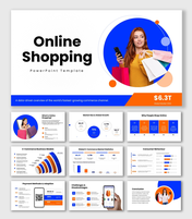 Online Shopping slide with woman, phone, bags, blue orange shapes, and structured text holders.