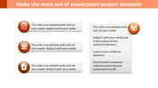 PowerPoint project slide with three sections including text placeholders and icons.