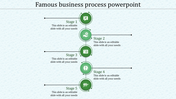 Business process flow timeline slide with five stages each represented by green icons and labels with placeholder text.