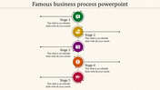 Five stage business process PowerPoint template with icons in a variety of colors for each stage.