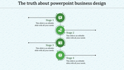 Vertical business process with four green stages, icons and caption areas placed in white background.