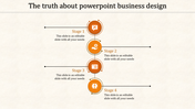 Vertical business process with four orange stages, icons and caption areas placed in white background.