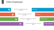 Online shopping slide with colorful horizontal banners labeled web cam, prize tag, shopping cart, and online shopping.