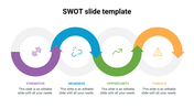Colorful SWOT infographic purple strengths with a dumbbell, blue weakness with broken link, green opportunity with an arrow.