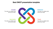 Abstract looped design in four colors symbolizing the SWOT elements, each labeled with caption areas.