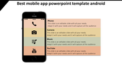 A mobile device showing four app icons on pastel backgrounds, with corresponding text boxes aligned on the right.