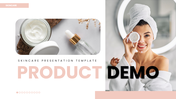 Product Demo PPT Template with skincare visuals, soft peach theme, product images, charts and text holders