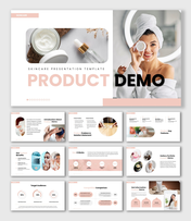 Product Demo PPT Template with skincare visuals, soft peach theme, product images, charts and text holders