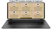 Laptop themed infographic with six biege sections displayed on the screen, each labeled with icons and product categories.