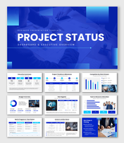Project Status PowerPoint Presentation with blue theme, dashboards, charts, timelines, icons, and clean text layout design.