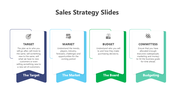 Sales Strategy slide with four segments for target, market, budget, committees, vivid banners, icons, and structured text.