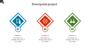Three diamond shaped elements in blue, red, and green, each with icon and caption, illustrating project presentation.