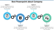Company slide with four interconnected blue and green gears, each with icons and captions for business topics.