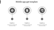 Slide featuring three gray circular icons for mobile app functionalities with labeled captions below.