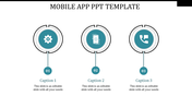 Mobile app template with three circular icons in blue, labeled with captions 01, 02, and 03, connected by lines.