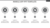 Mobile app PowerPoint template with five icons representing app functions in a circular design with captions.