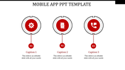 Minimalist mobile app slide with three red circular icons for system settings, financial transactions, and communication.