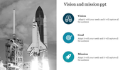 Black and white space shuttle launch with three blue icons for Vision, Goal, and Mission captions on the right.