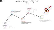 Product design PowerPoint template with a line graph connected to a rocket launch graphic with captions.