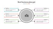 Circular layout with a briefcase icon in the center and six captions branching out in colorful frames for business planning.