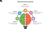 Lightbulb shaped infographic with green and red brain halves, surrounded by five colorful icons and captions.