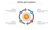 Circular diagram with four icons around a central store symbol, representing interconnected processes for online templates.