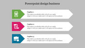 Business slide with three horizontal rows featuring green, pink, and blue arrow shapes paired with icons and captions.