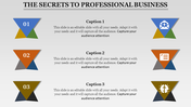 Professional business PowerPoint template with colorful triangular icons and captions.