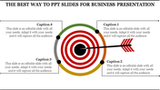 Slide featuring a target with concentric red and white circles and an arrow hitting, paired with four labeled captions.