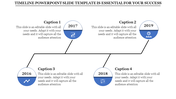 Business timeline slide featuring years 2016, 2017, 2018, and 2019, displayed in blue and white circles connected by a line.