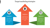 A target marketing strategies slide with three arrows, each featuring a different icon and captions.