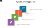Colorful digital marketing slide with four ascending squares, each containing white icons and placeholder text areas,