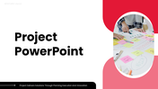 The Best Project PowerPoint slide with planning charts, sticky notes, timeline, and workflow steps layout.