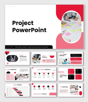 The Best Project PowerPoint slide with planning charts, sticky notes, timeline, and workflow steps layout.