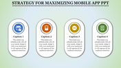 Four vertically aligned oval sections with icons and captions on a gradient background, illustrating mobile app strategies.