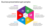 Hexagonal diagram in the center with six colorful sections, each with icons and text captions in different colors.