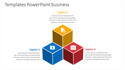 3D cube business infographic with blue, yellow, and red sections representing captions 1, 2, and 3, each featuring icons. 