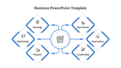 Blue and white business process infographic with a icon connected to six diamond-shaped sections with labels and icons.