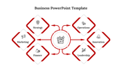 Business PPT slide with a central focus on finance, surrounded by icons in red diagonal shape with arrows on a white backdrop.