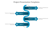 Business project PowerPoint template with a flowchart showing stages like project planning, research, and teamwork.
