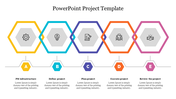 Project management slide showing five colorful hexagons with icons for PM infrastructure, defining, planning, and reviewing.