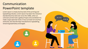 Communication themed slide featuring two women conversing with speech bubbles and three circular user icons below.